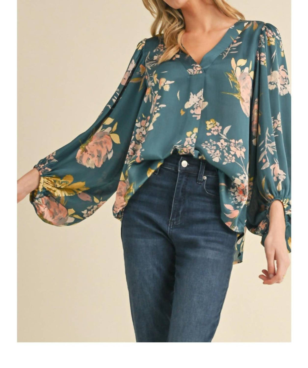 Satin Floral Print Blouse With Bubble Sleeves In Teal