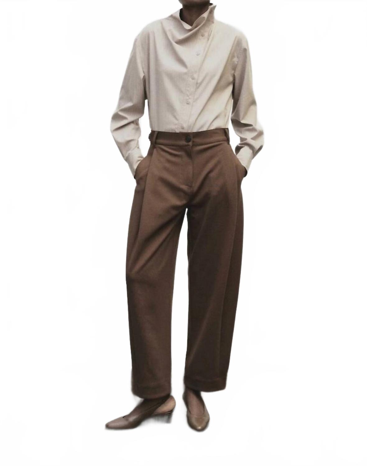 Pleated Barrel Leg Pants In Brown