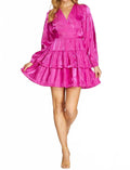 Long Sleeve Silky Woven Surplice Tiered Dress In Fuchsia