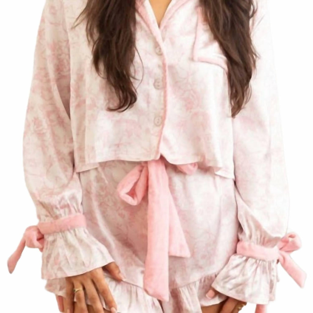 Lane Satin Ruffle Pajama Short Set In Pink Bow Toile