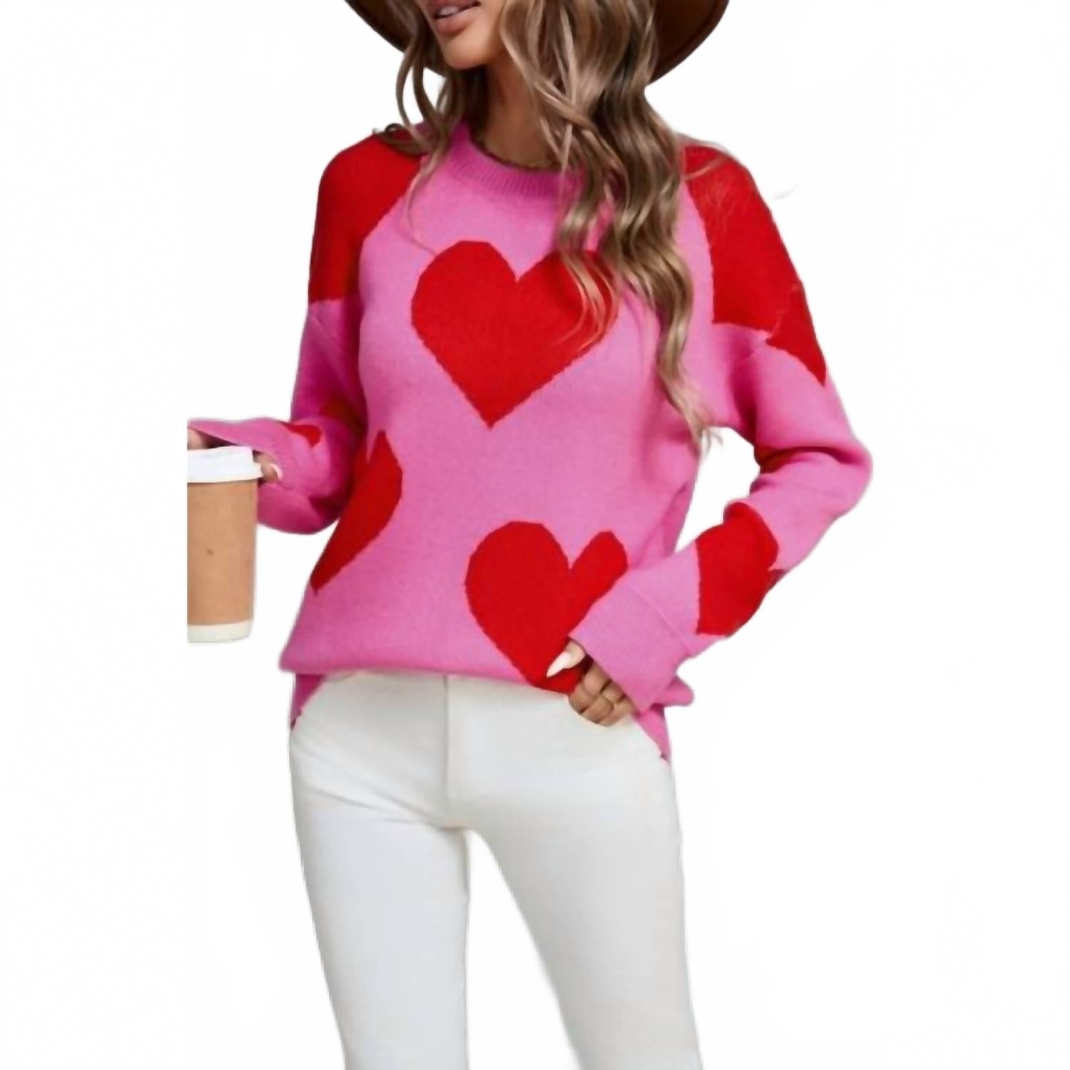Heart Knit Sweater Pullover In Pink