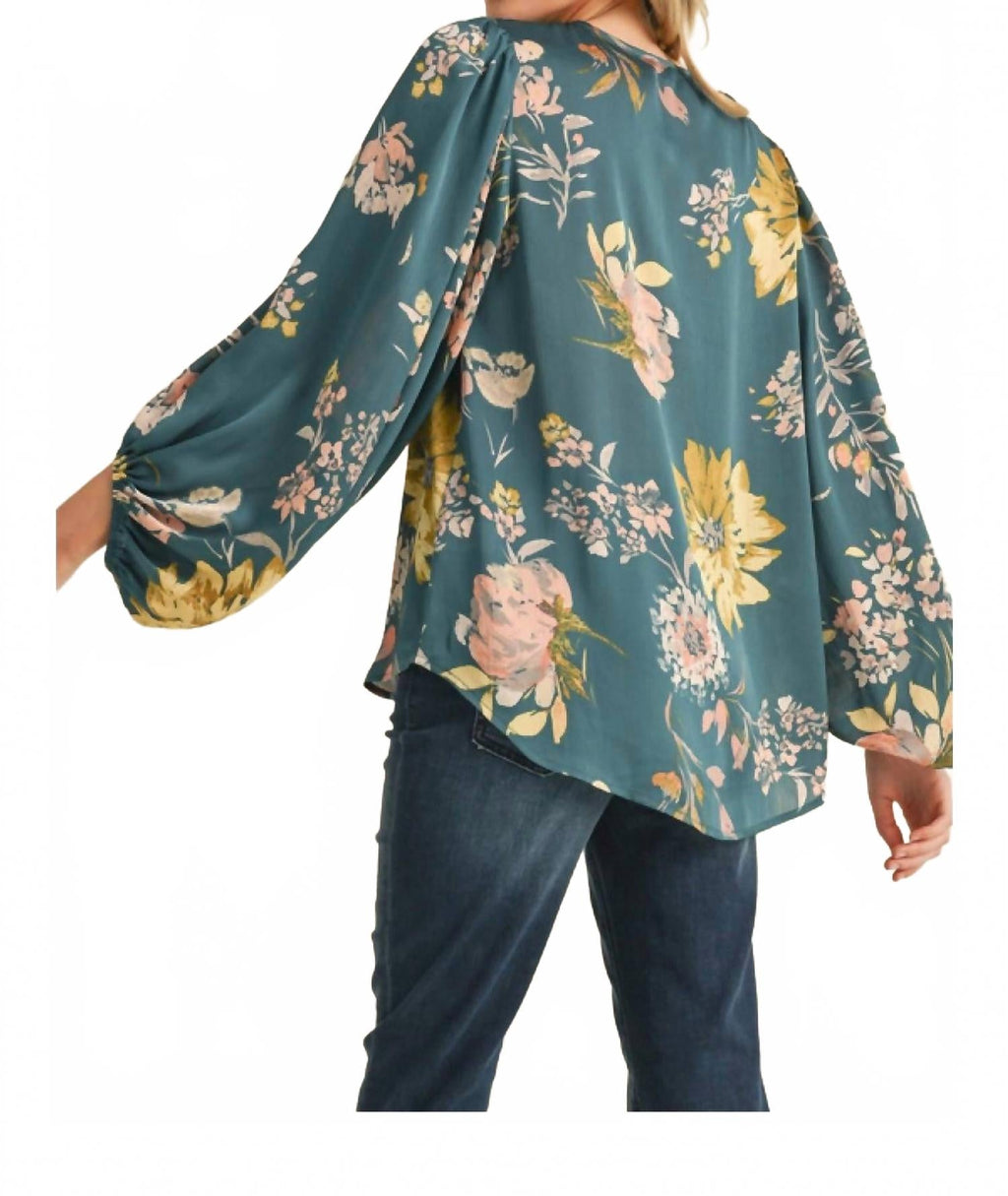 Satin Floral Print Blouse With Bubble Sleeves In Teal