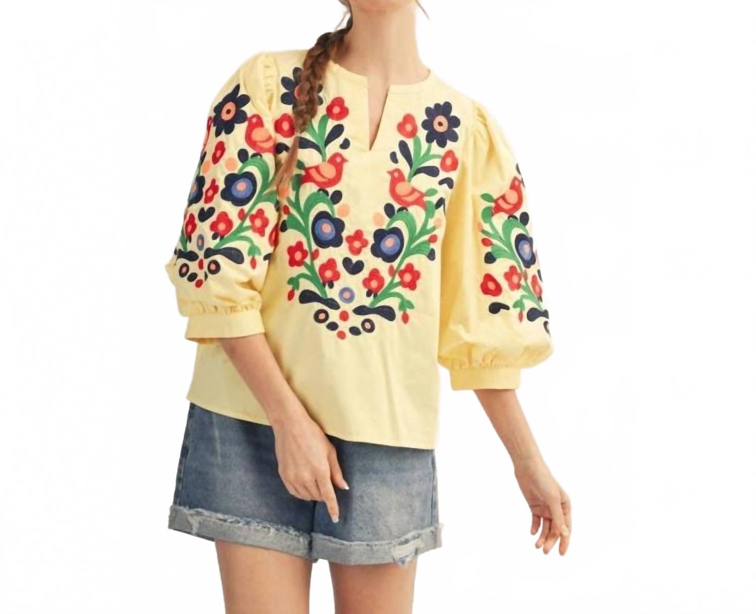 Embroidered V-Neck Woven Top In Banana Yellow