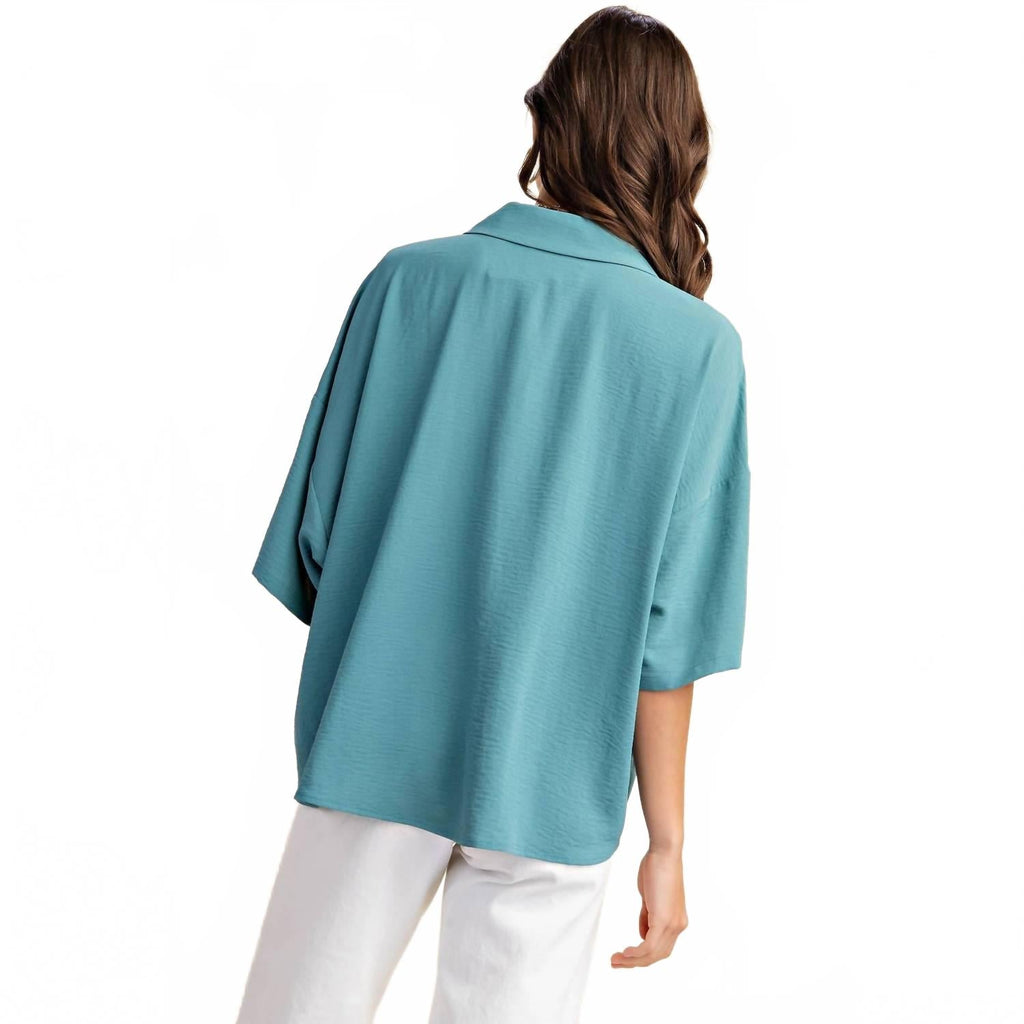 V-Neck Collared Pop Over Top In Teal