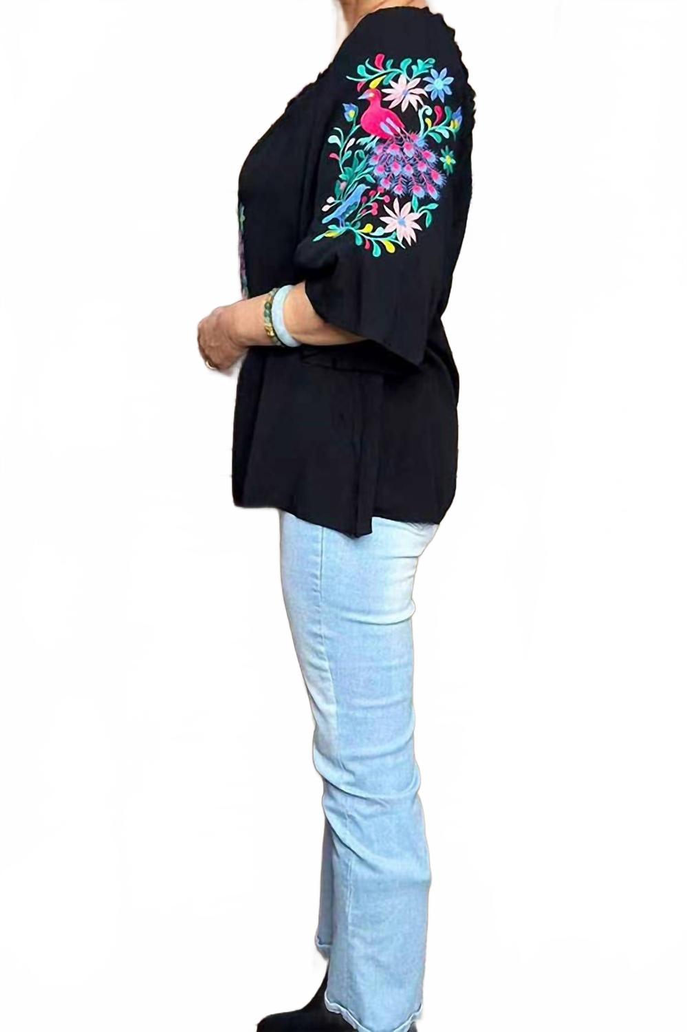 Floral & Bird Embroidered Off-Shoulder Boho Top In Black