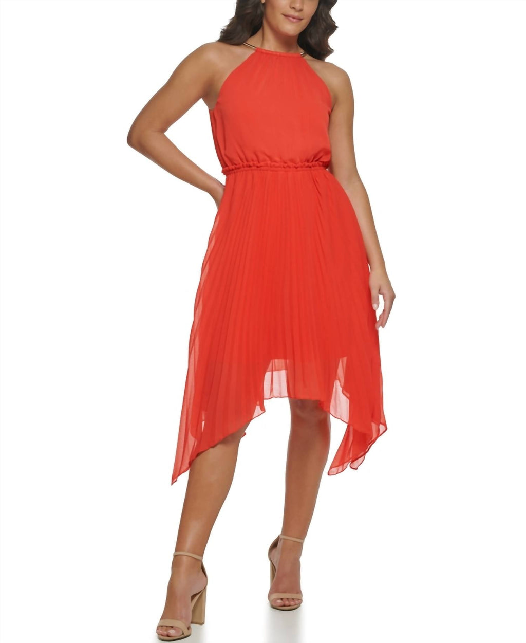 Pleated Asymmetrical Dress In Coral