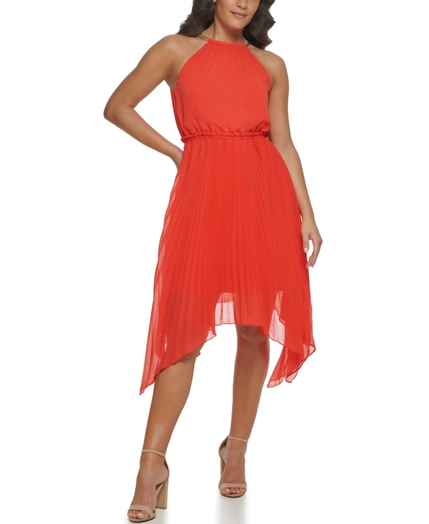 Pleated Asymmetrical Dress In Coral
