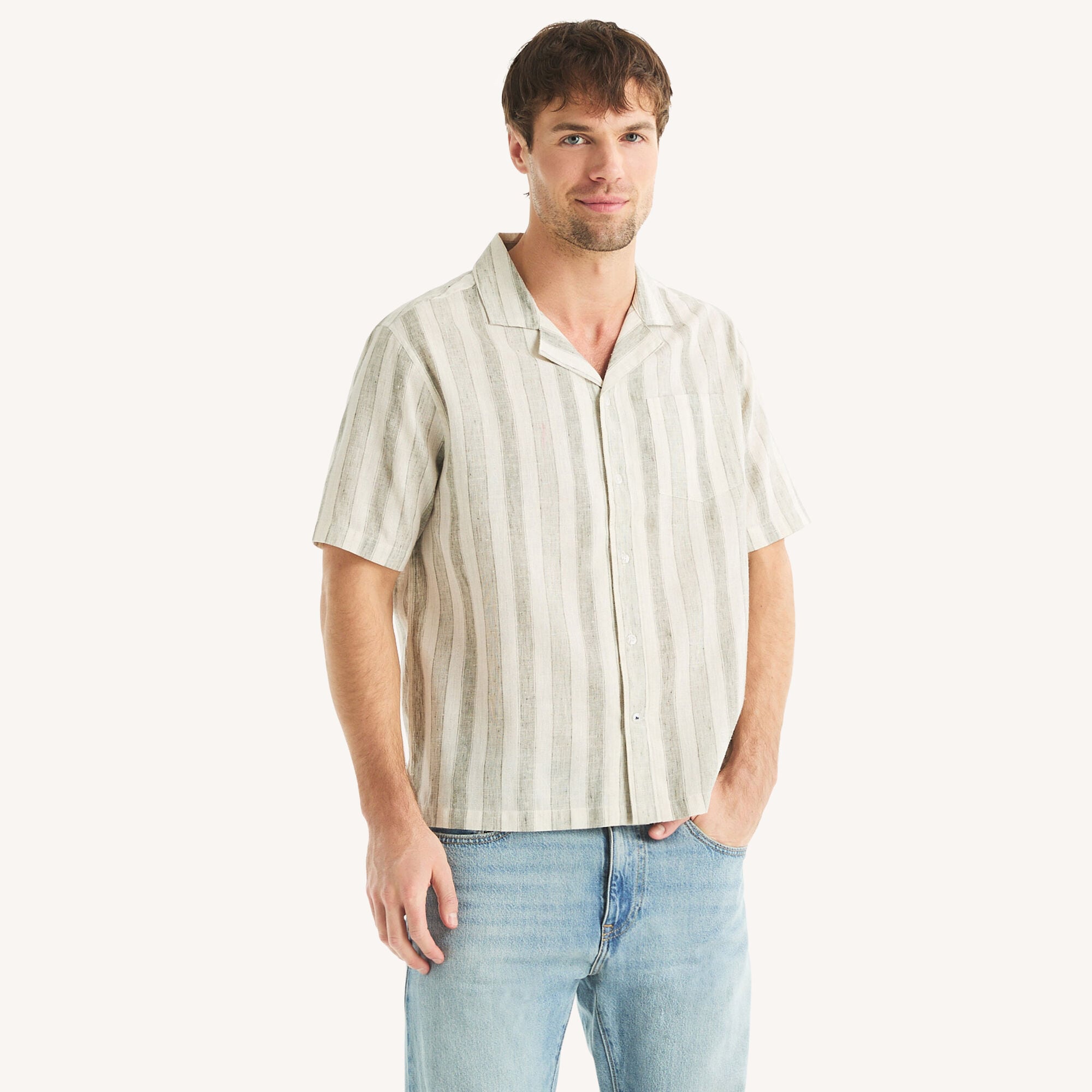 Nautica Mens Striped Short-Sleeve Camp Shirt