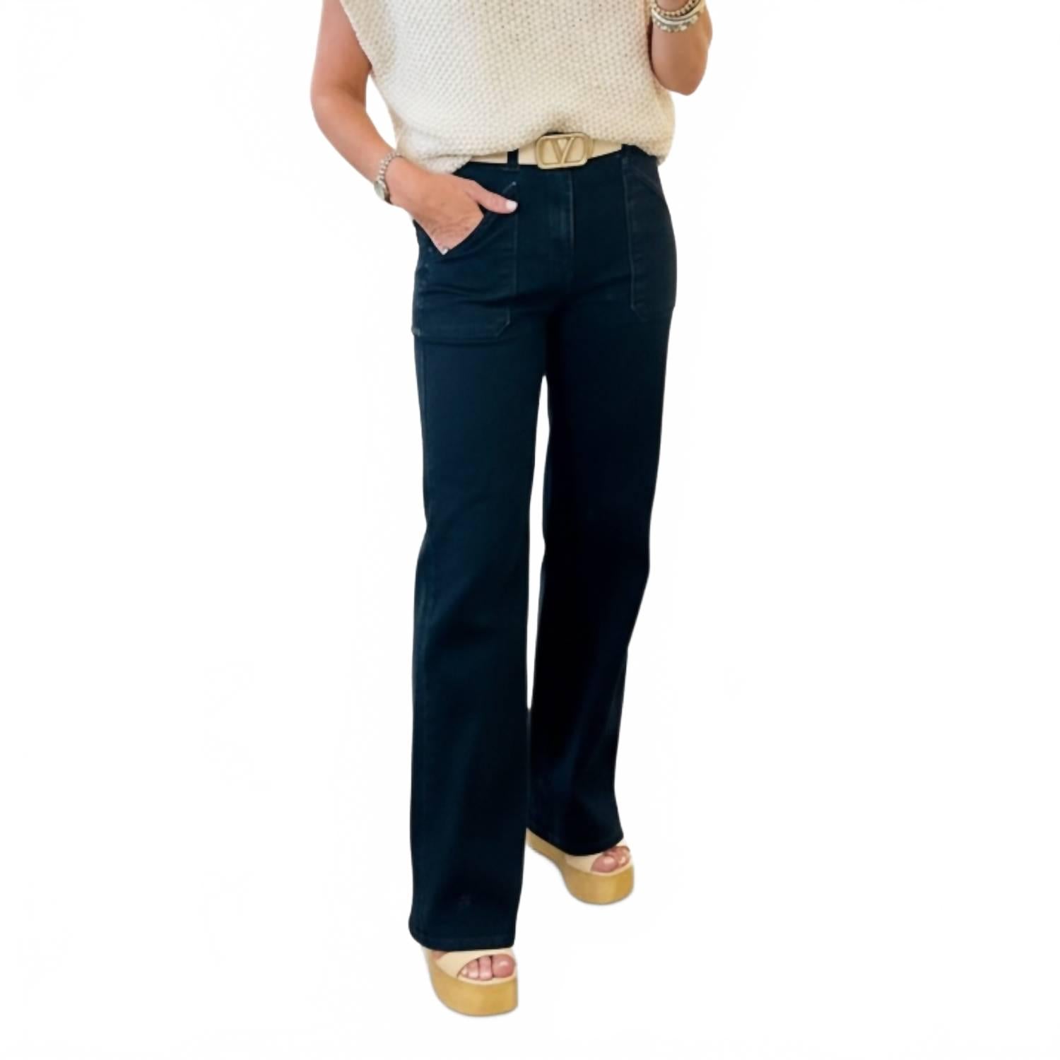 Patch Pocket Wide Leg Flare Jeans In Black