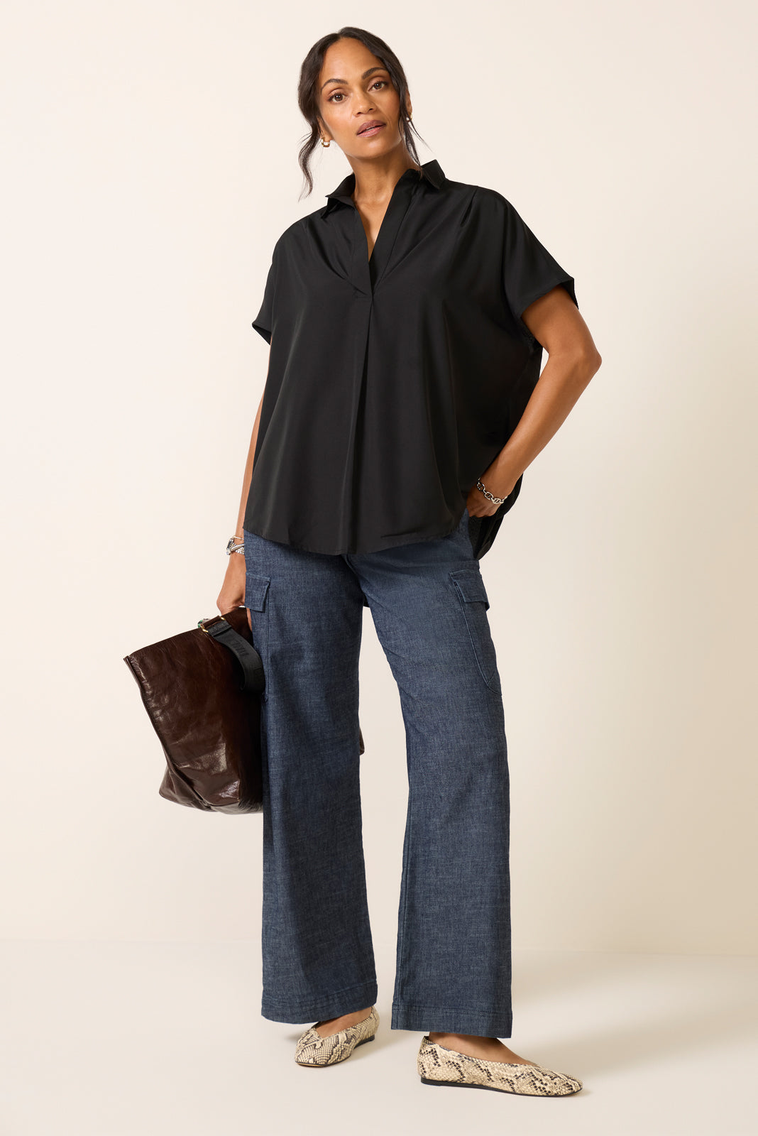 Women's Crepe Short Sleeve Popover Top