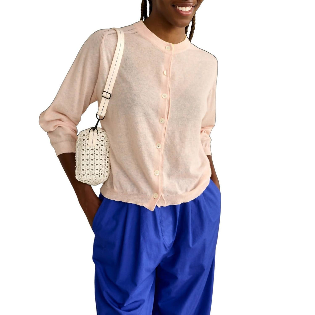 Neeta Button Up Crew Sweater Top In Light Rose