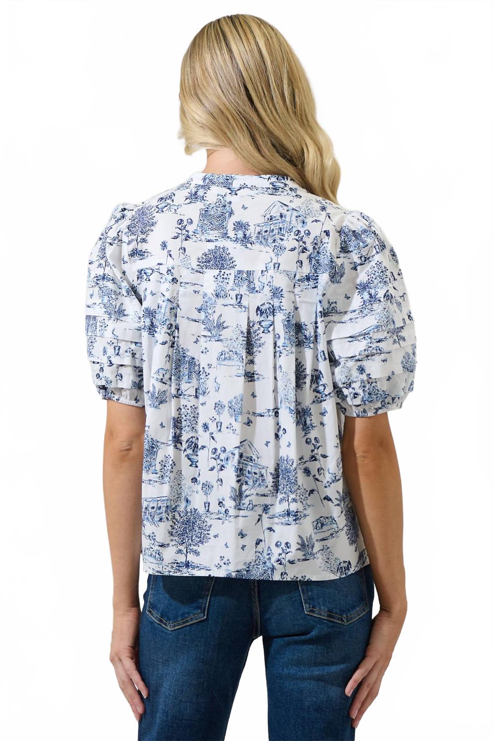 Renzo Toile Court Button Down Top In Blue