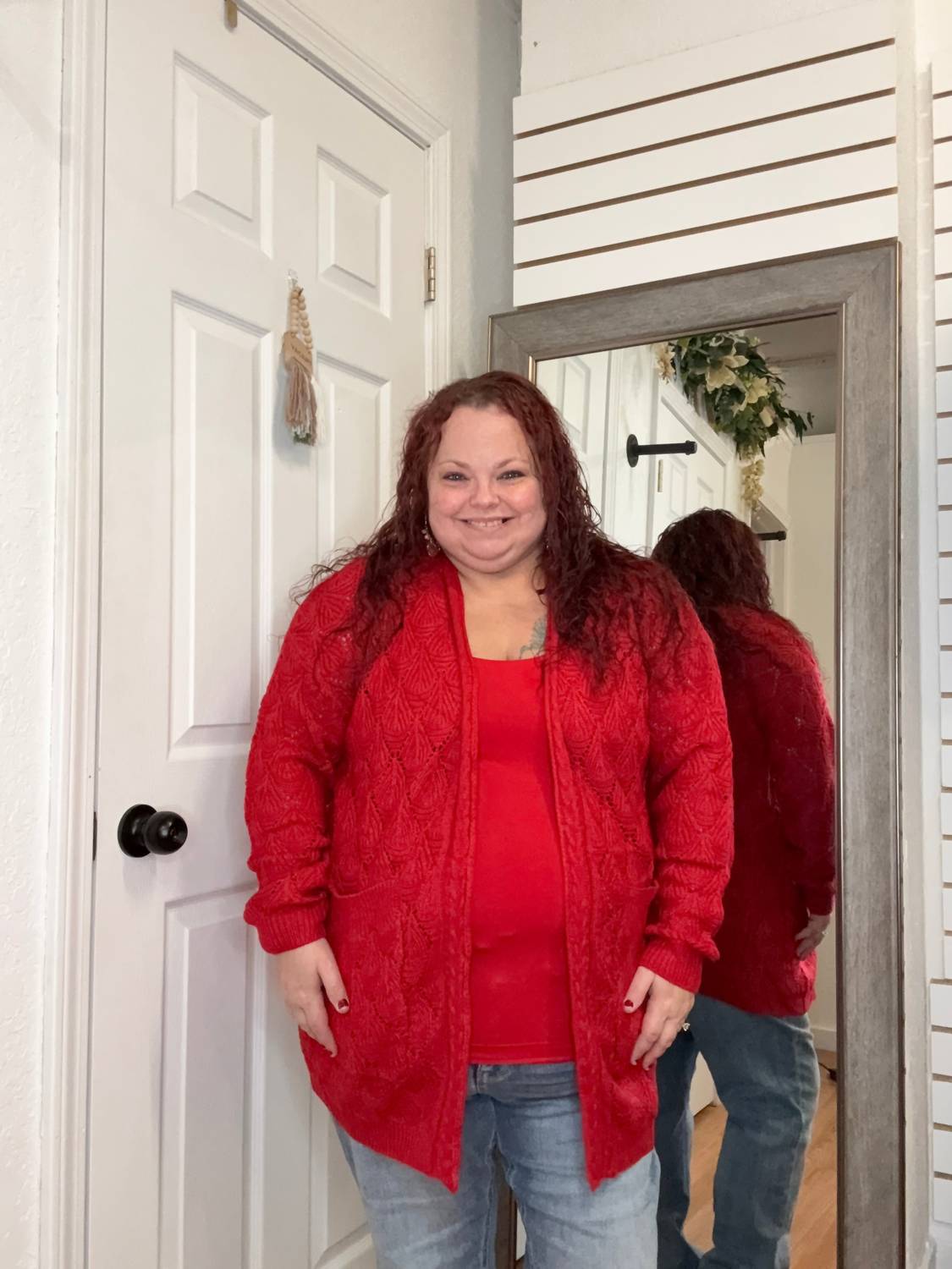 Romona Open Knit Cardigan In Red