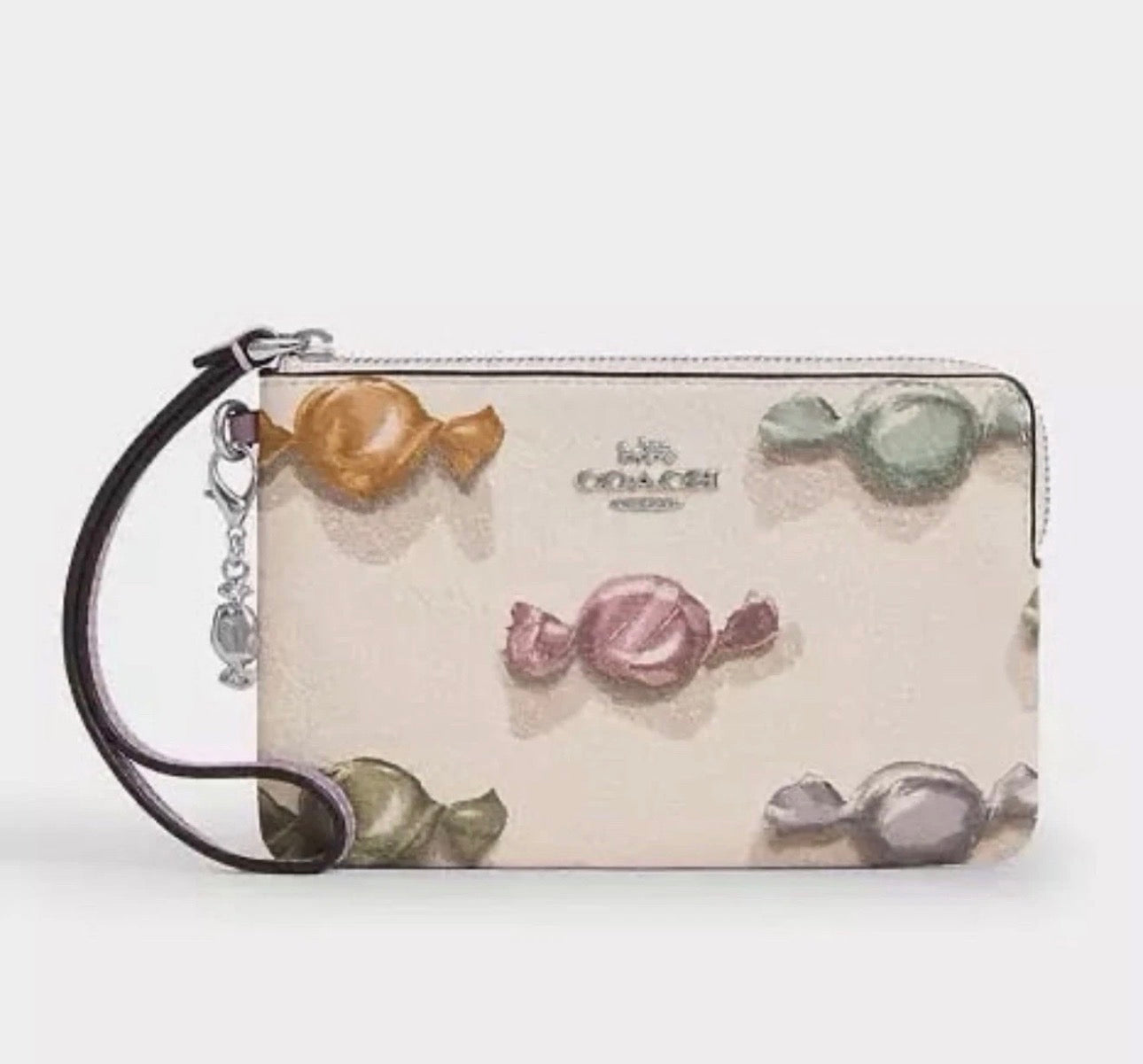 NWT Coach Corner Zip Leather Wristlet With Candy Print & Charm