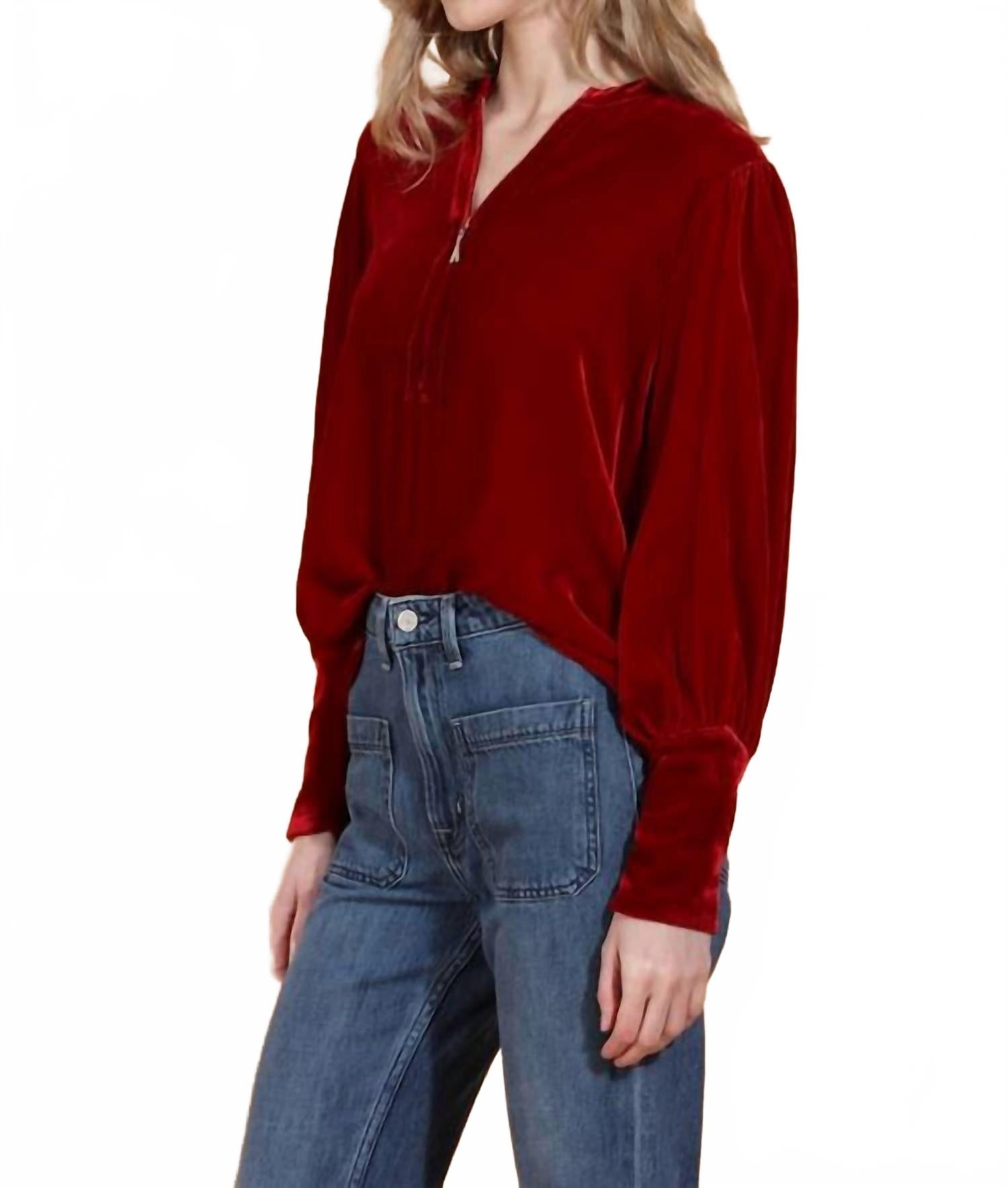 Silk Velvet Zip Front Blouse In Red