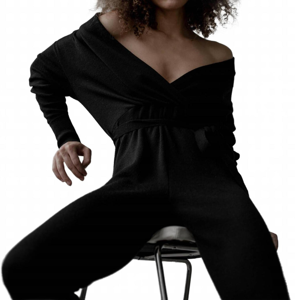 Wrap Neck Jumpsuit In Black