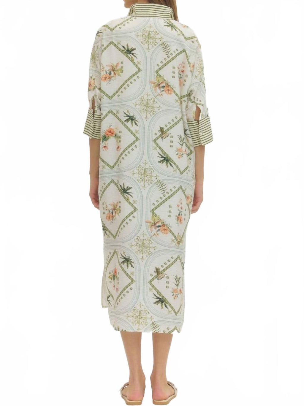 Scarf Print Three Quarter Sleeve Midi Dress In Green