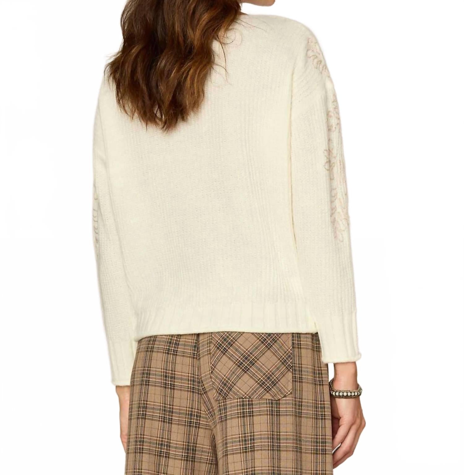 Embroidered Shoulder Boat Neck Sweater In White