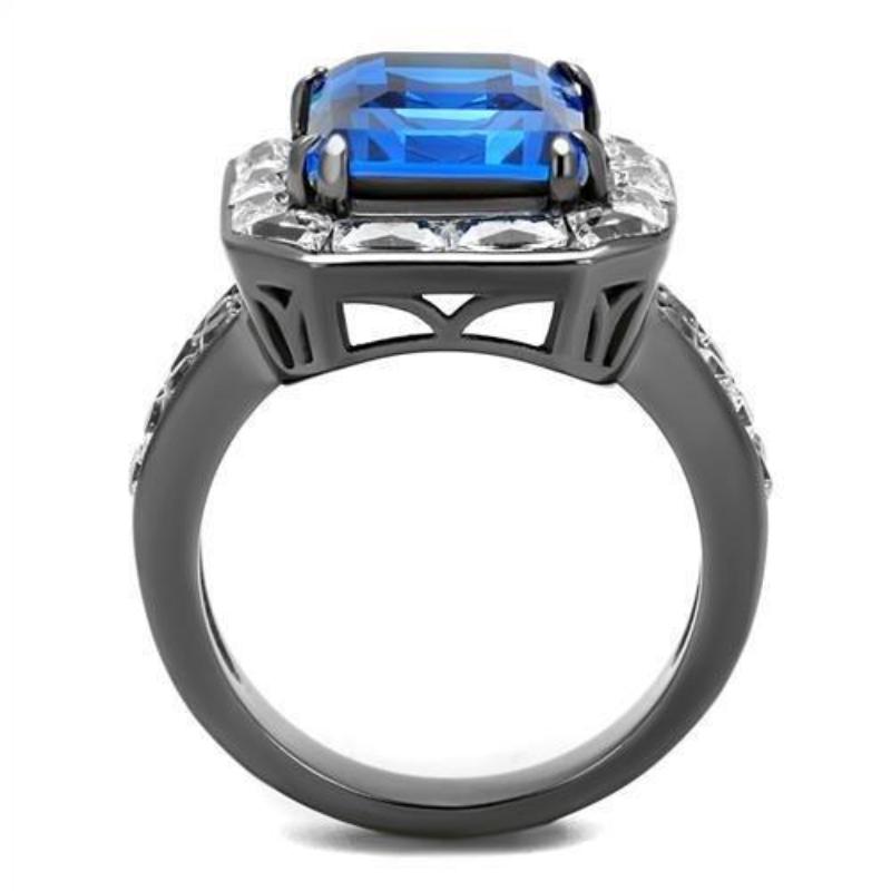 IP Light Black Stainless Steel Ring with Top Grade Crystal in Capri Blue