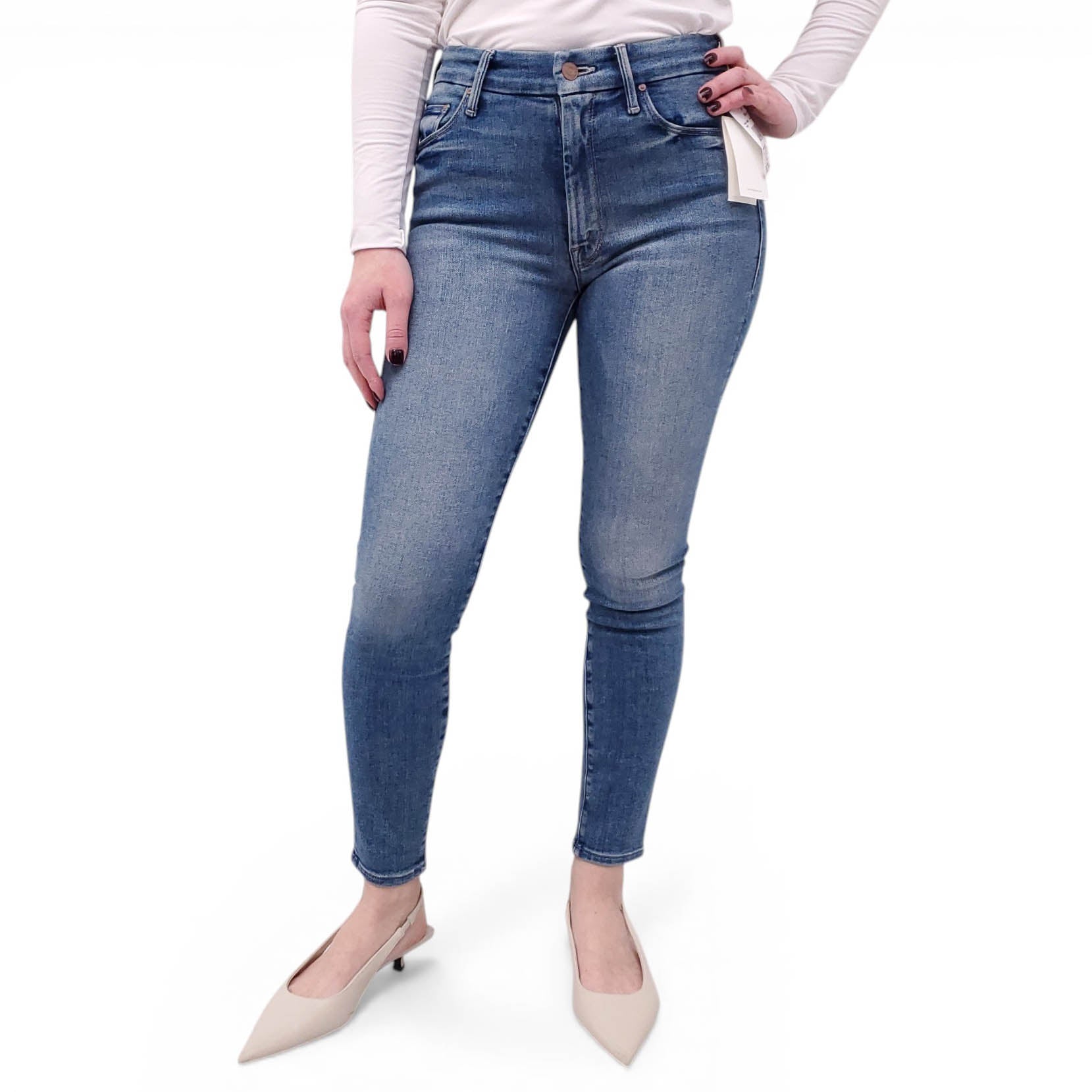 MOTHER MEDIUM BLUE 'HIGH WAISTED LOOKER ANKLE' SKINNY JEANS - SIZE 26