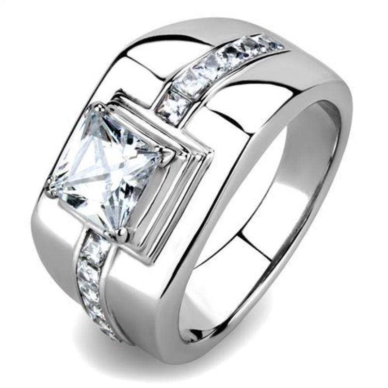 High polished (no plating) Stainless Steel Ring with AAA Grade CZ in Clear