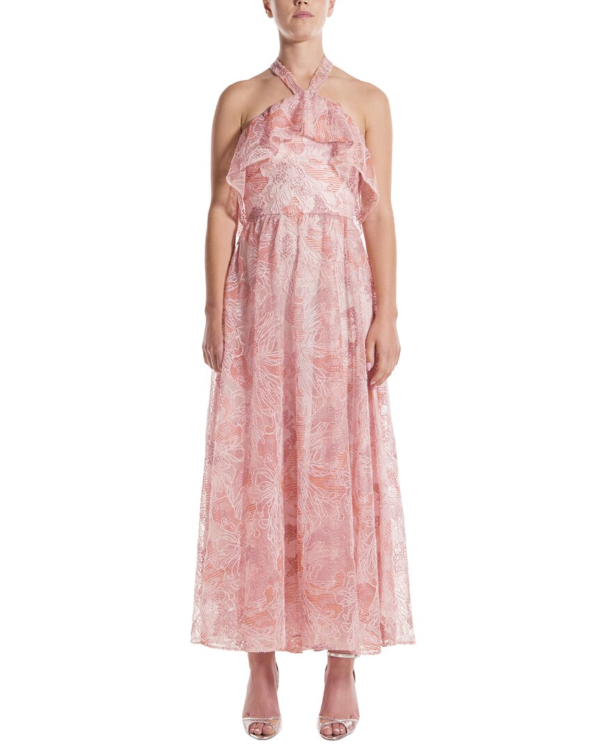Monique Lhuillier Halter Ruffle Front Silk-Lined Cocktail Dress
