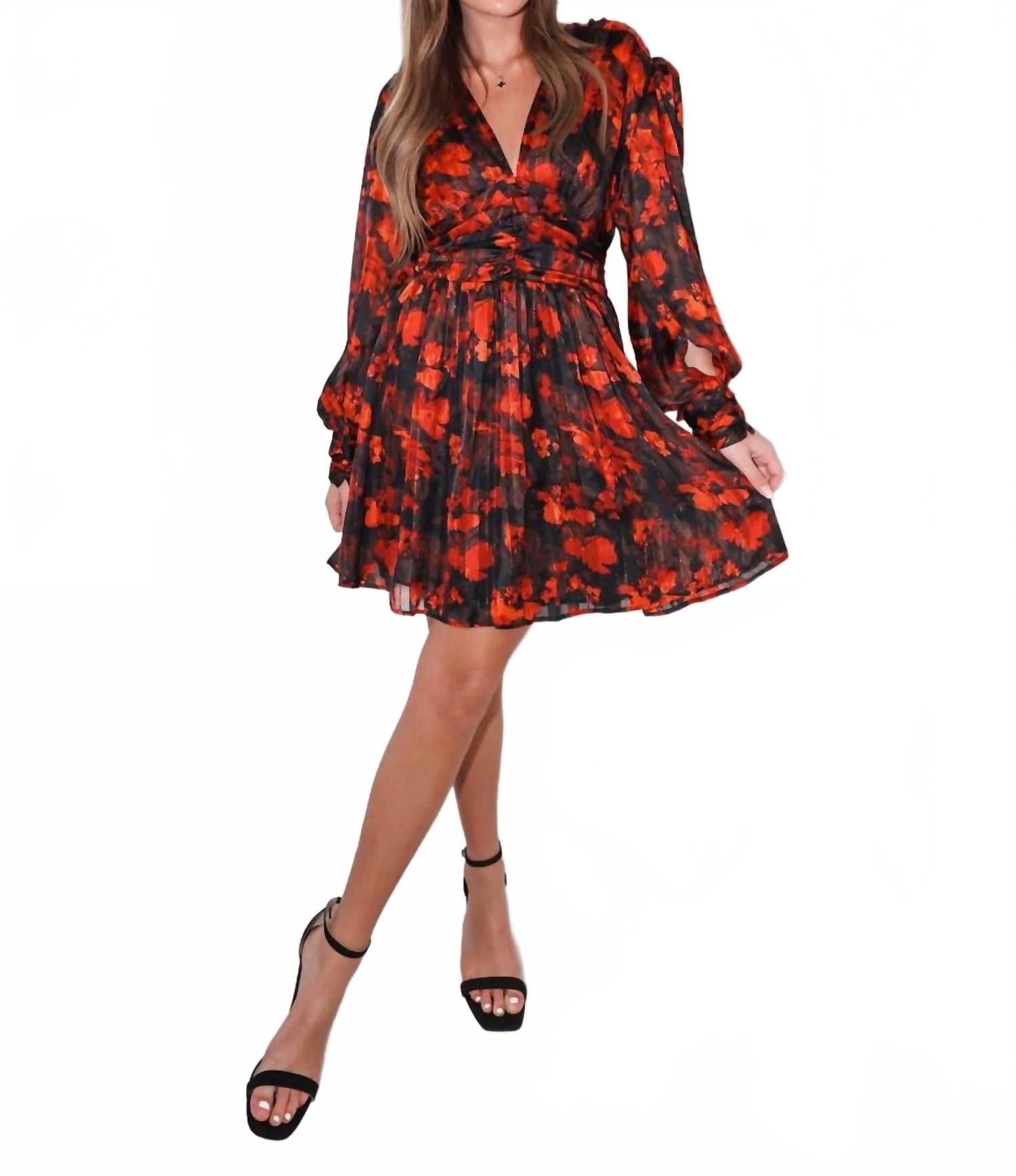Floral Long Sleeve Mini Dress In Red