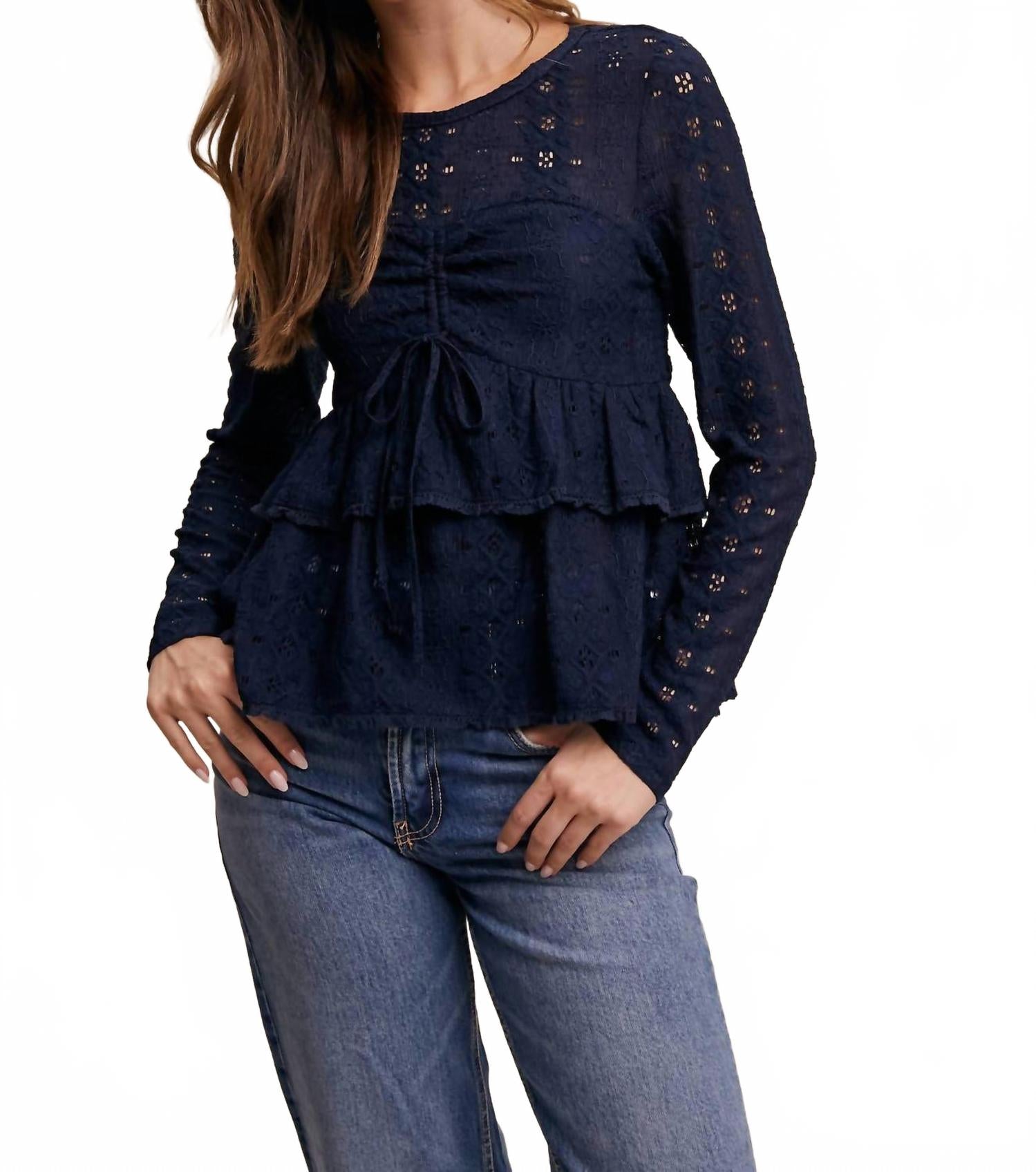 Stretch Lace Tiered Blouse With Drawstring Detail In Navy