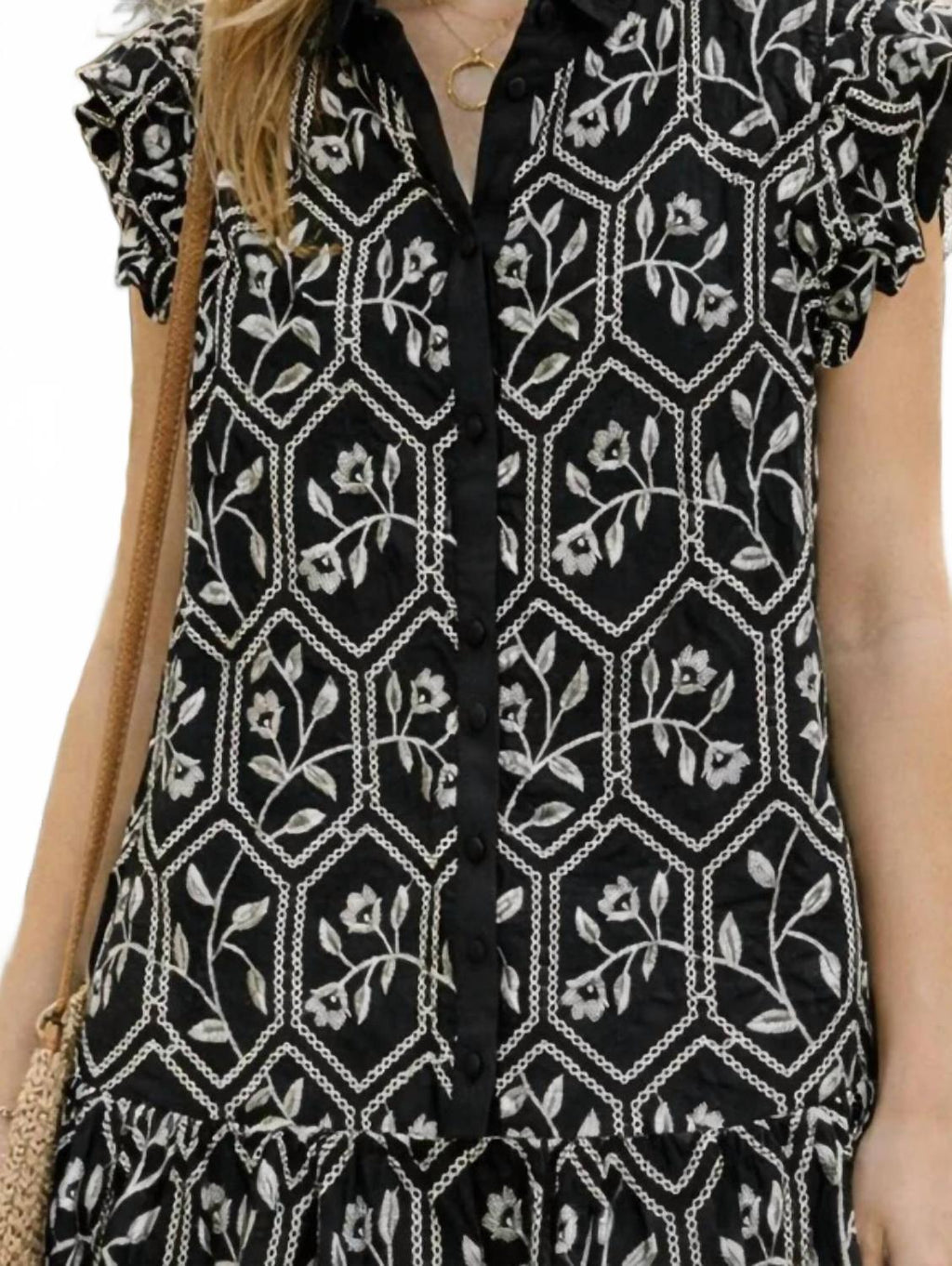 Glossy Embroidered Button Down Dress In Black