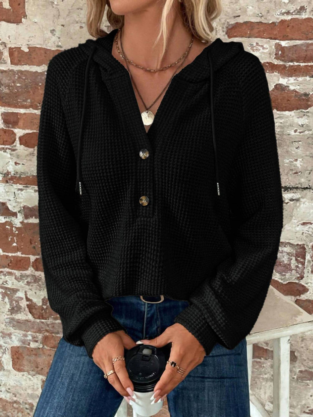 Waffle Button-Up Hoodie Pullover In Black