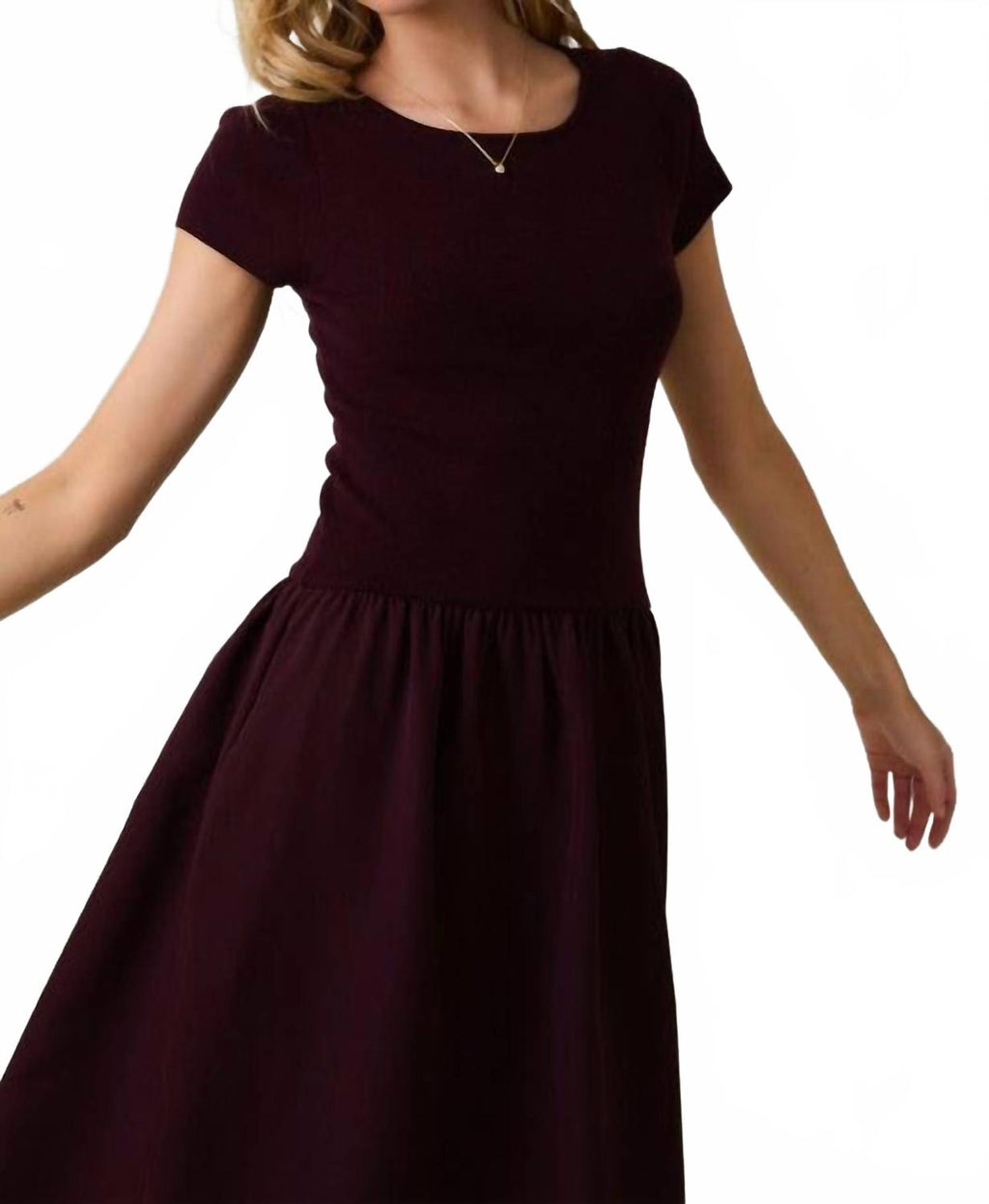 Round Neck Mix Midi Dress In Burgundy