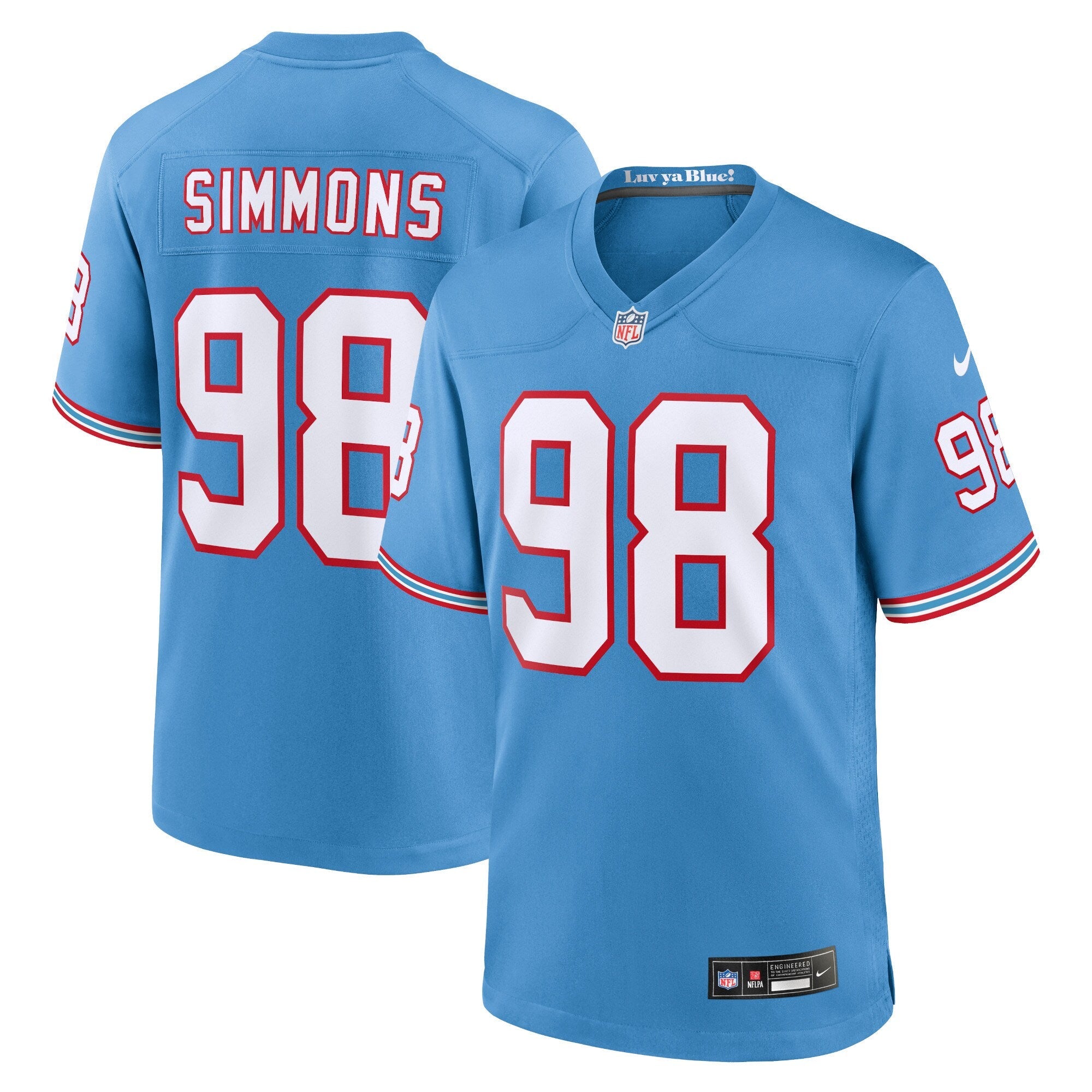 Tennessee Titans Jeffery Simmons Light Blue Oilers Throwback Alternate Game Player Jersey