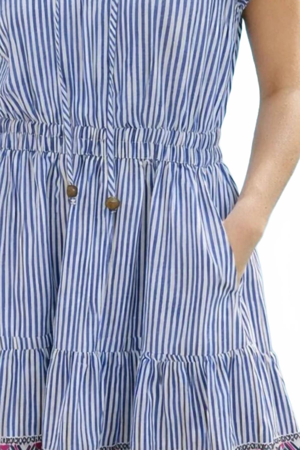 Elastic Waist Tiered Dress In Navy/white