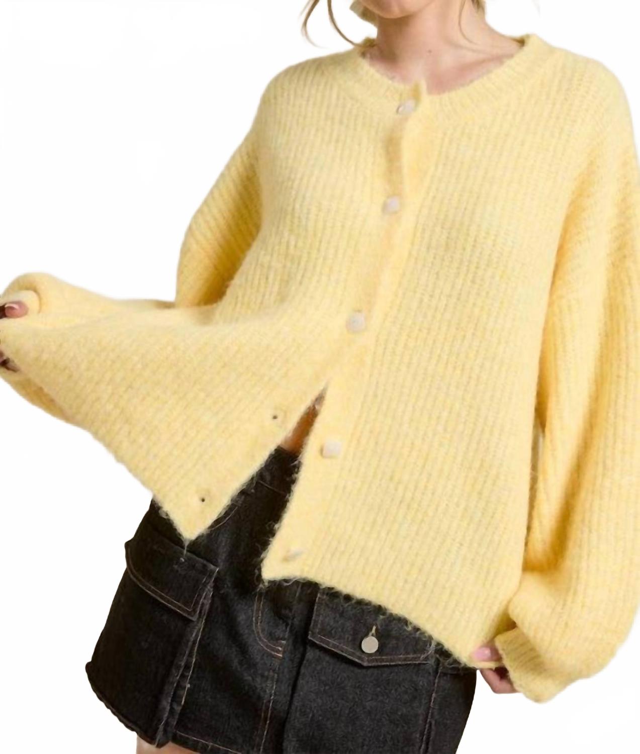 Balloon Sleeve Knit Cardigan In Yellow