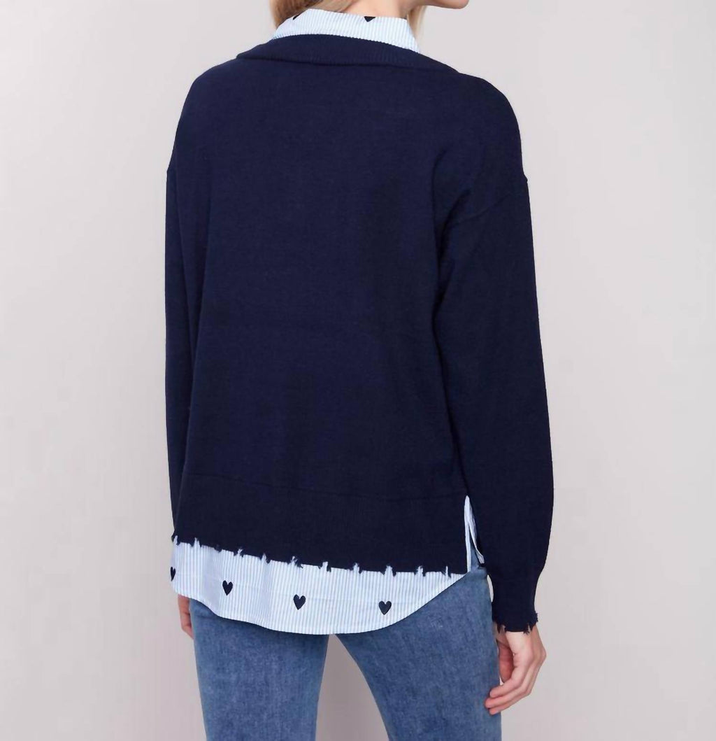Margaret Layered Poplin Sweater In Navy