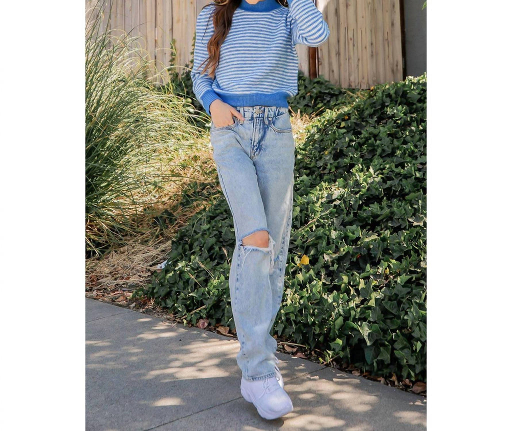 Striped Pattern Mock Neck Sweater In Blue Multi