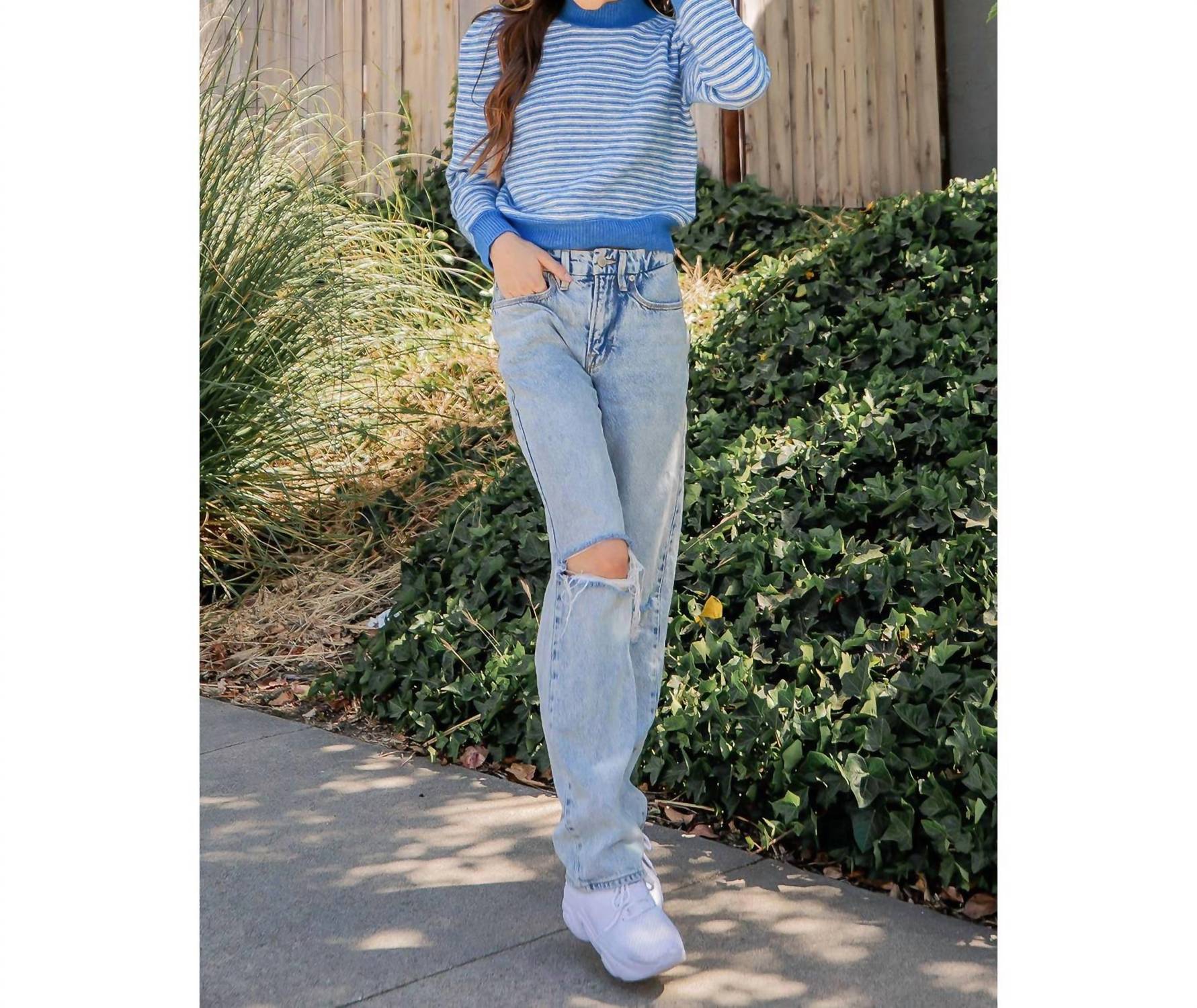 Striped Pattern Mock Neck Sweater In Blue Multi