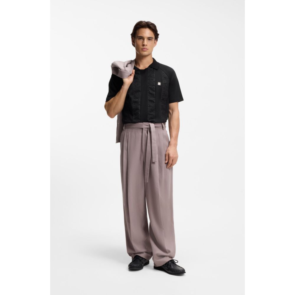 Johnny-collar polo shirt with broderie stripes