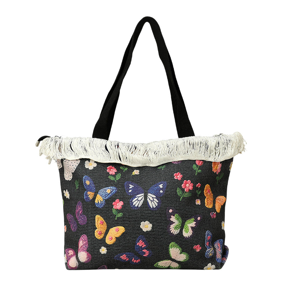 Butterfly Pattern Print Large Woven Frayed Shoulder Tote Bag