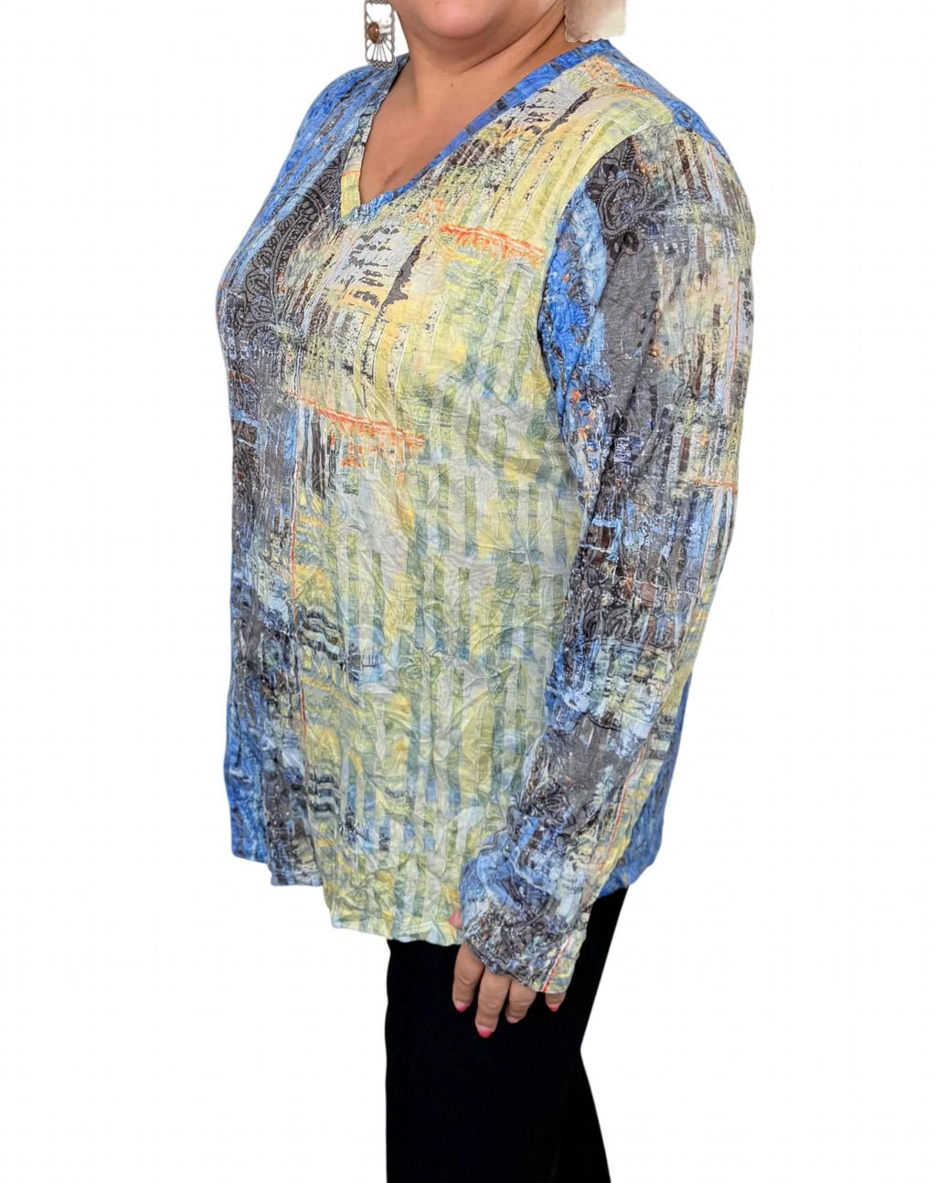 Long Sleeve Crinkle Tunic Top In Blue/multi