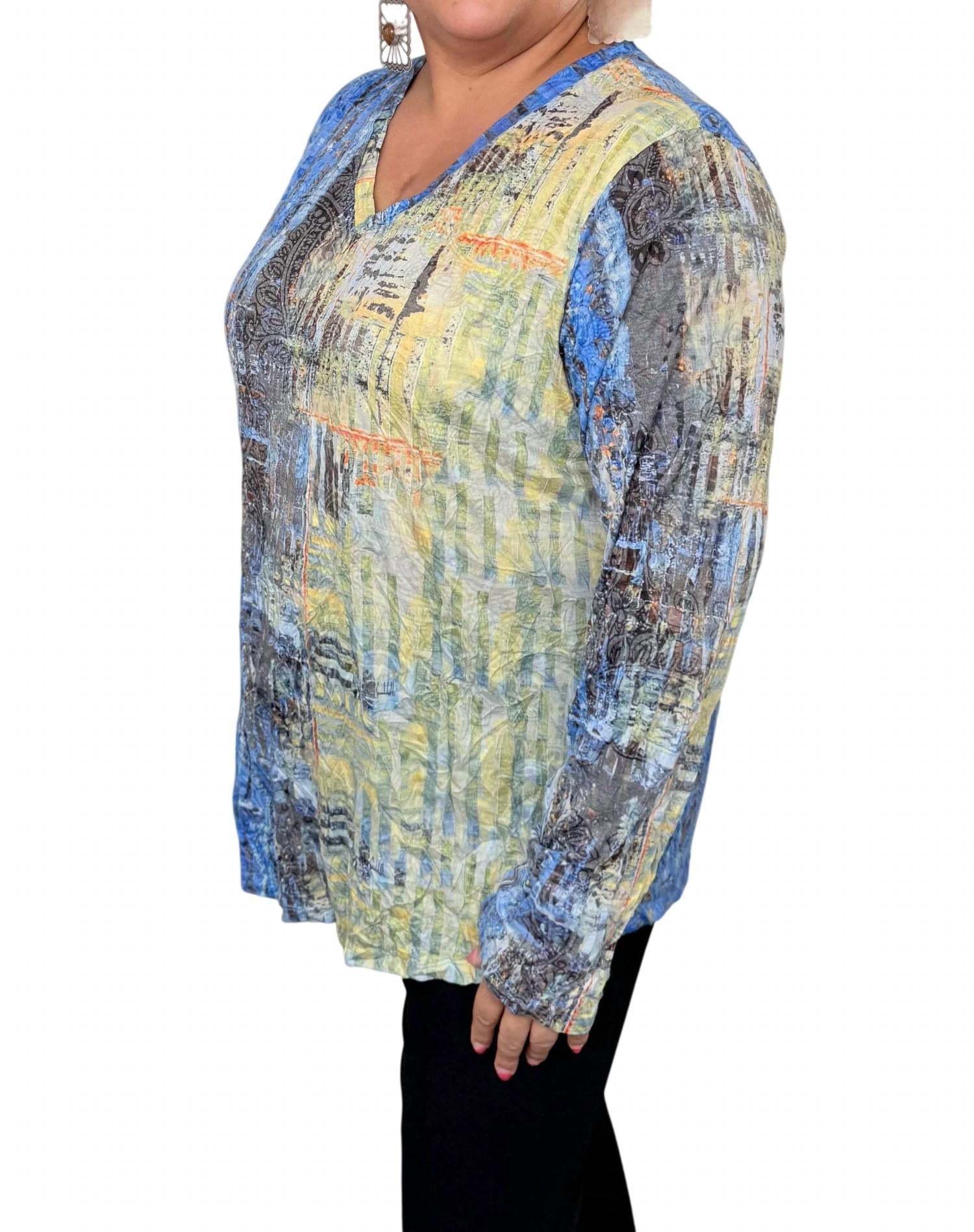 Long Sleeve Crinkle Tunic Top In Blue/multi