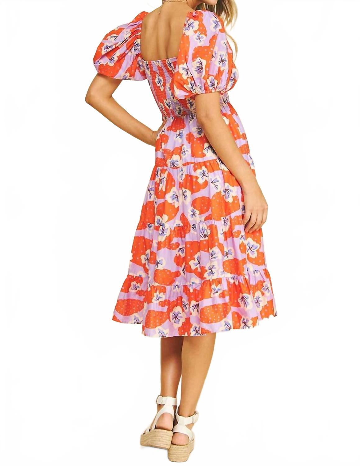 Floral Smocked Midi Dress With Bubble Sleeves In Lavender/orange