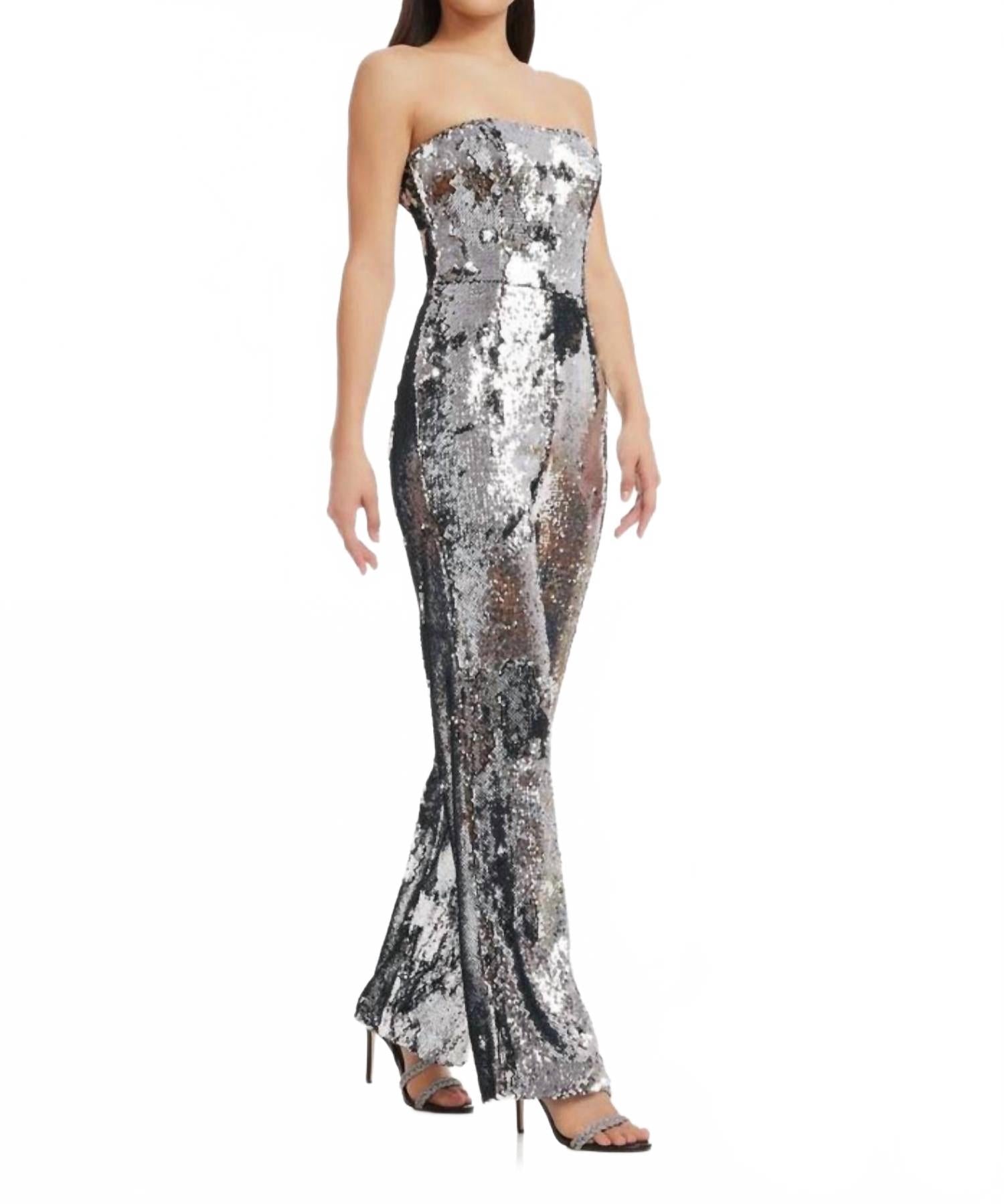 Andy Sequin Strapless Jumpsuit In Silver