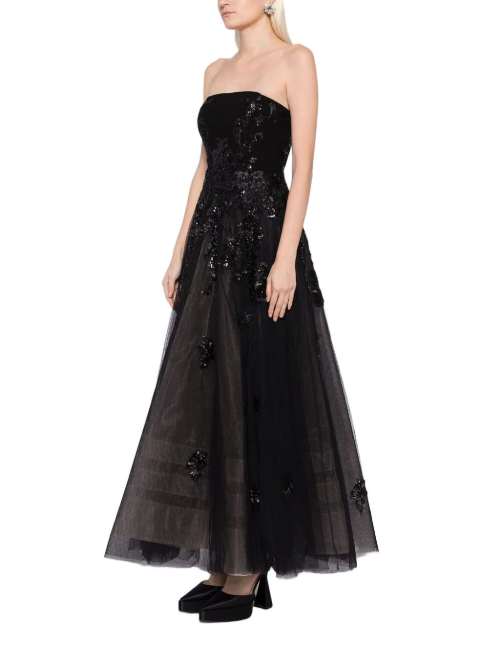 Tulle Beaded Dress With A Crepe Strapless Top