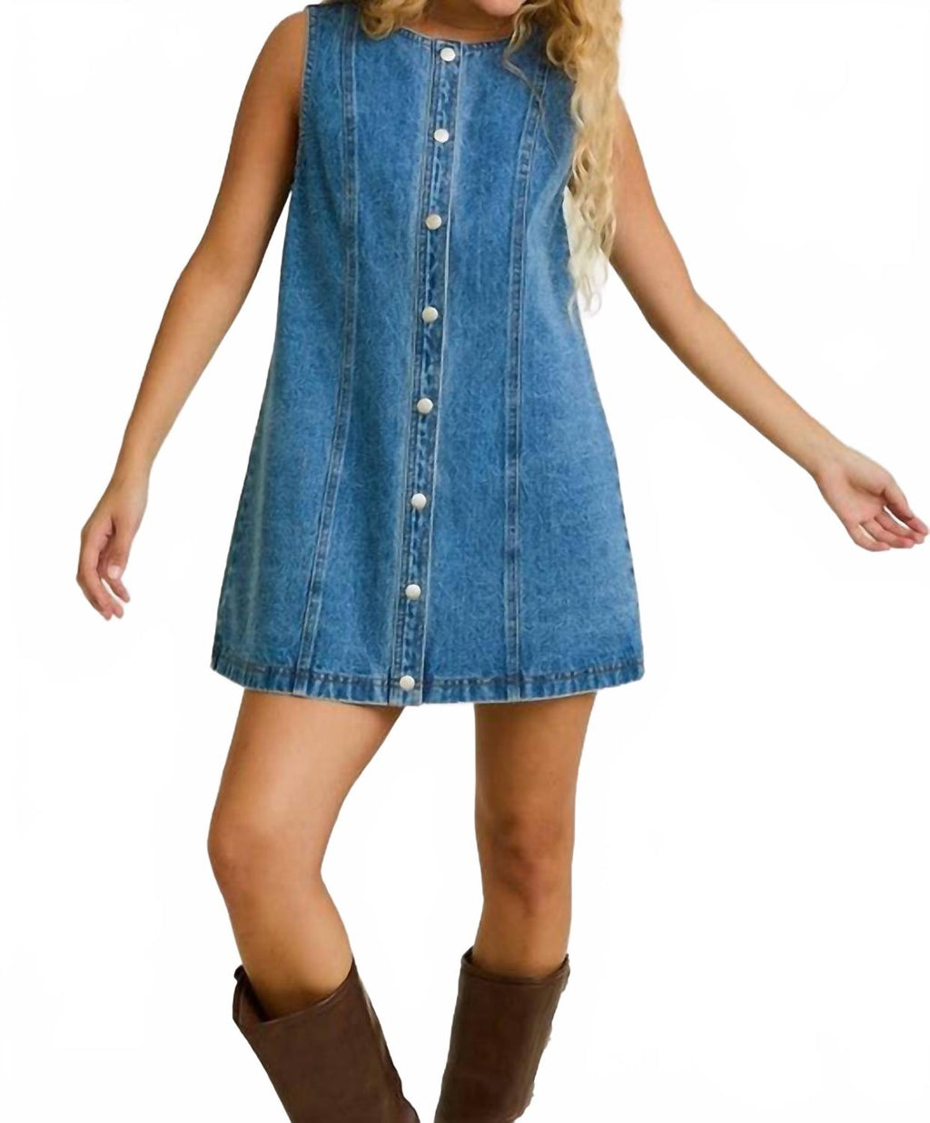 Sleeveless Round Neck Denim Mini Dress In Blue
