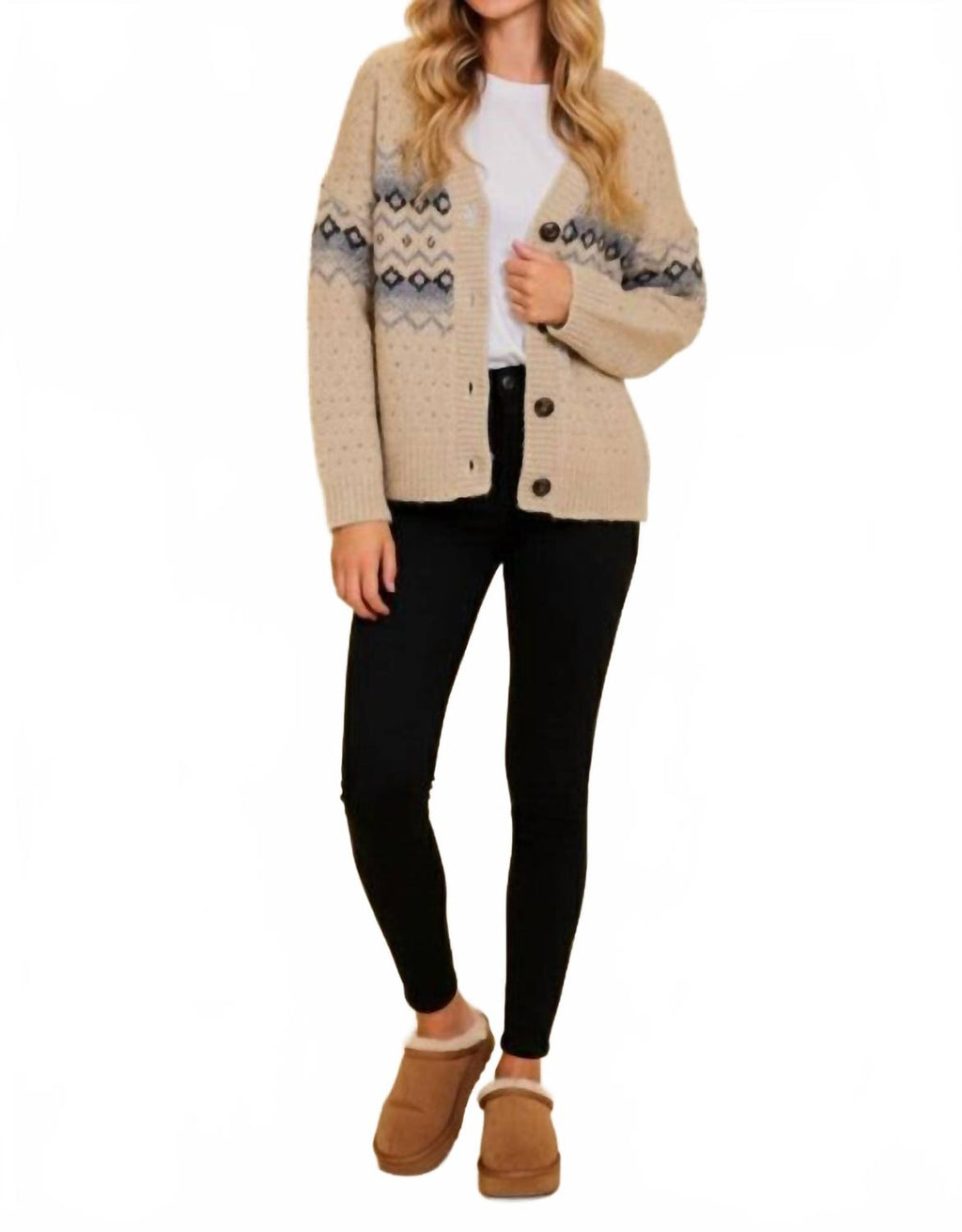 Argyle V-Neck Cardigan In Beige