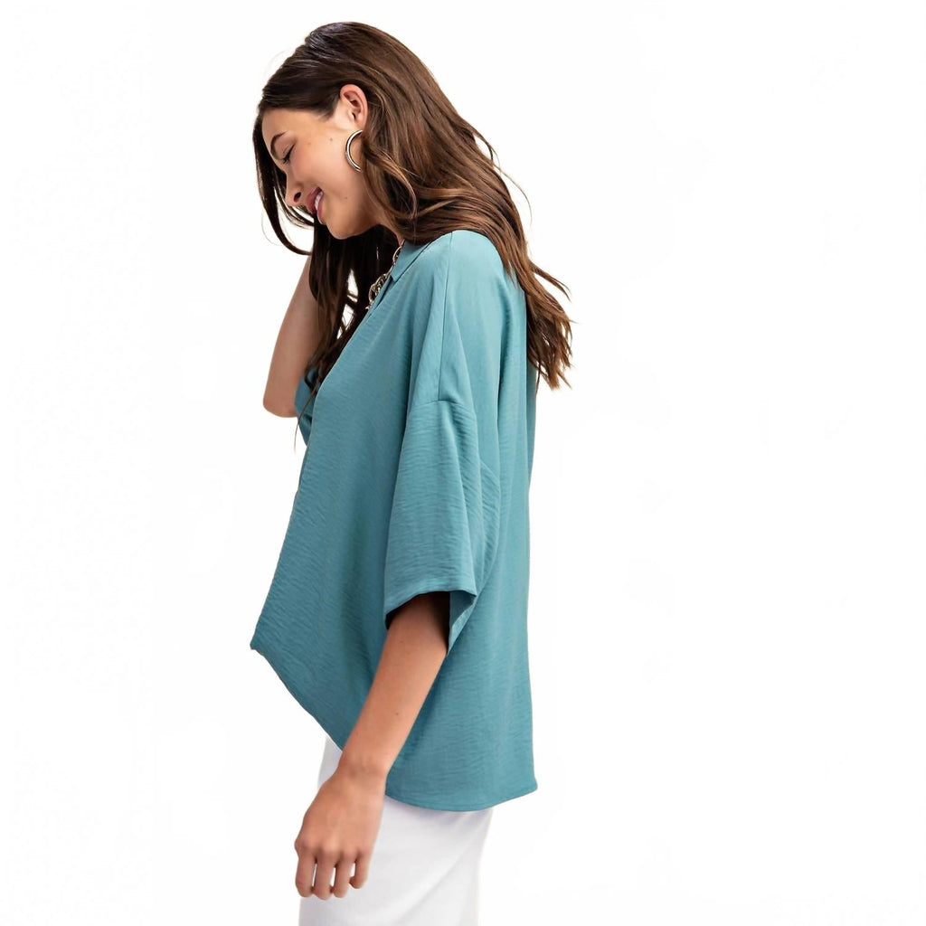 V-Neck Collared Pop Over Top In Teal