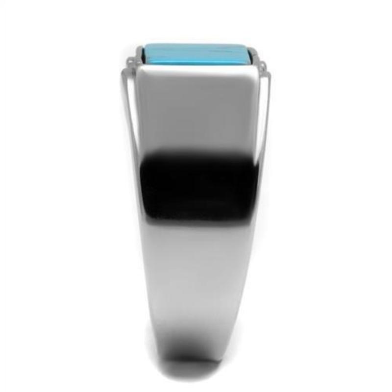 High polished (no plating) Stainless Steel Ring with Synthetic Imitation Amber in Sea Blue