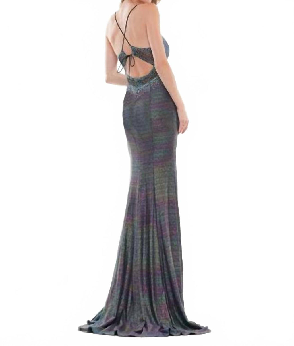 Long Spaghetti Strap Metallic Prom Gown In Turquoise Multi