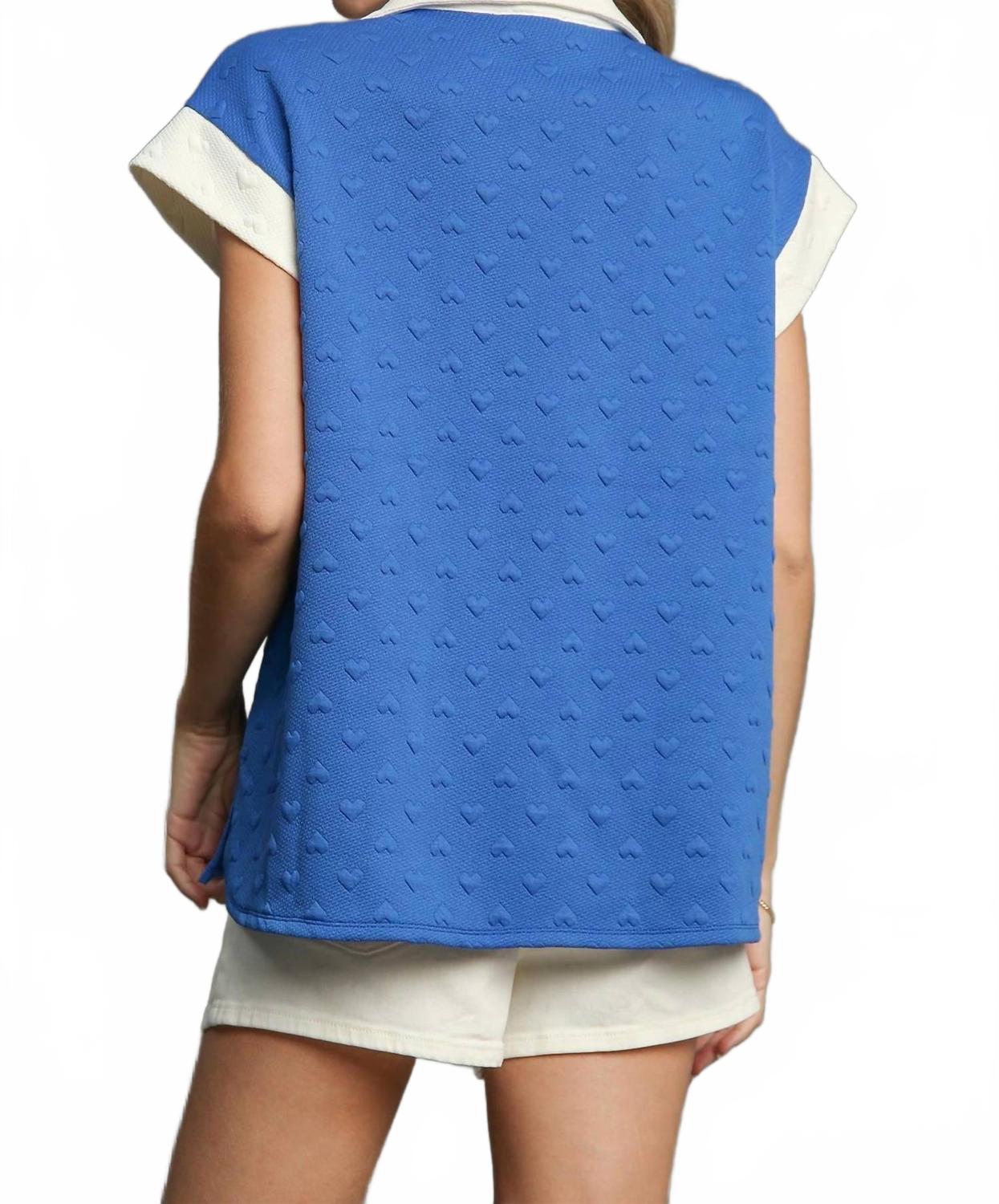 Heart Knit Jacquard Top With Contrast Trim In Blue